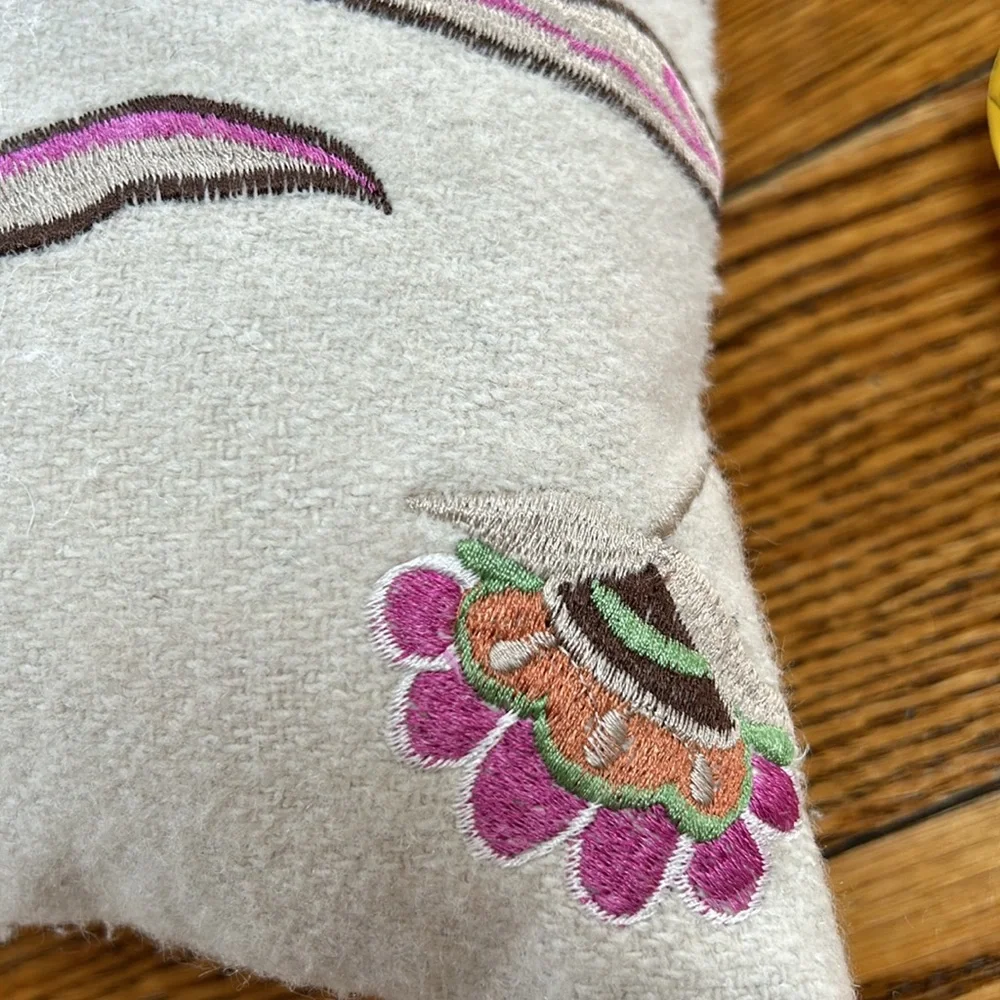 India embroidered 18” square feather pillow.  Excellent used condition.